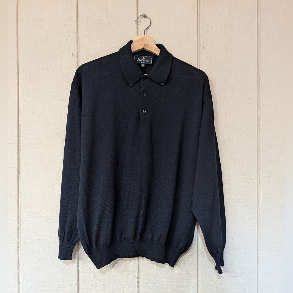 Les Copians Navy Collared  Polo Wool Silk Sweater Mens Retro Mens Italy